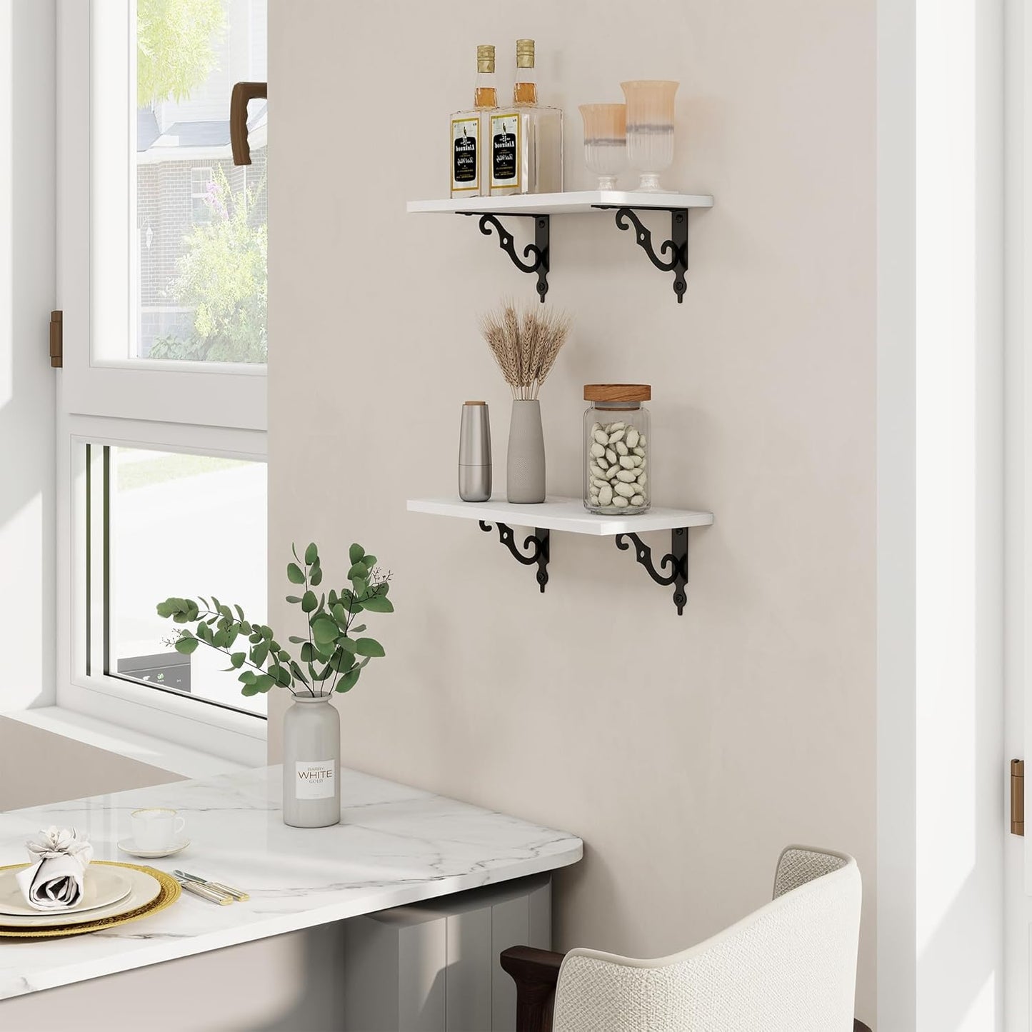 RICHFOCUS Floating Shelves for Wall Decor, 8 Inch Deep Wall Shelves Set of 2, 16W x 8D White Floating Shelves Wall Mounted with Metal Brackets, Rustic Wood Shelves for Living Room Bedroom Kitchen