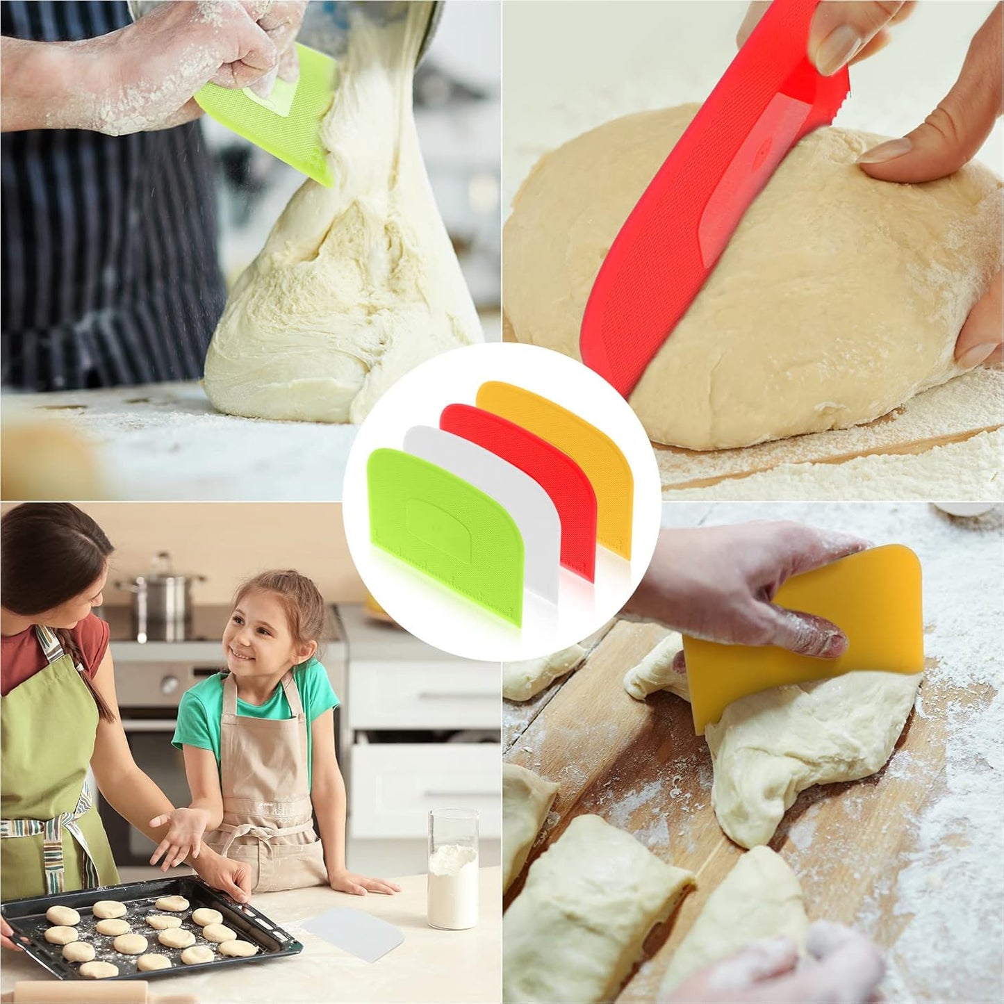 4 Piece Plastic Dough Scraper Bowl Scraper Flexible Multipurpose Food Scraper Plastic Dough Cutter for Bread Cake Dough Fondant Icing (White, Green, Yellow, Red)