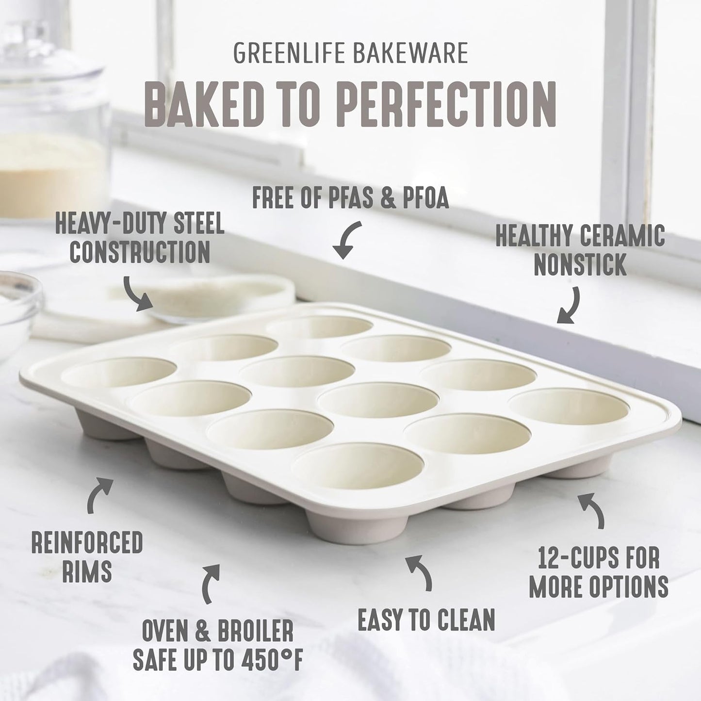 GreenLife 12-Cup Muffin Pan, Healthy Ceramic Nonstick Bakeware, PFOA & PFAS-Free Cupcake Tray, Durable Baking Pan, Versatile Kitchen Essential, Easy Clean Muffin Mold, Nonstick Baking Sheet, Taupe