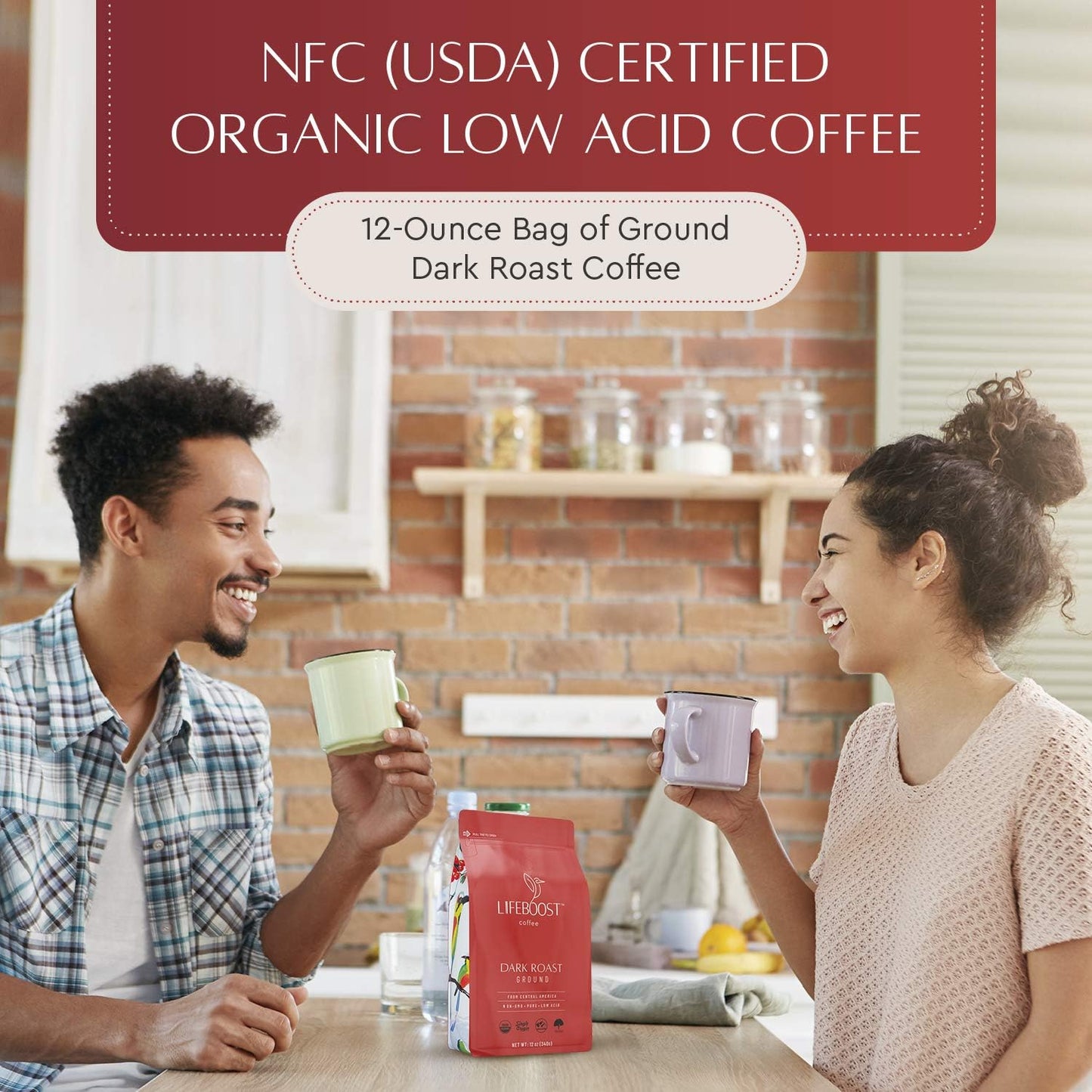 Lifeboost Dark Roast Ground Coffee - Non-GMO Low Acid Single Origin USDA Organic Dark Roast Coffee - Third Party Tested For Mycotoxins & Pesticides - 12 Ounces