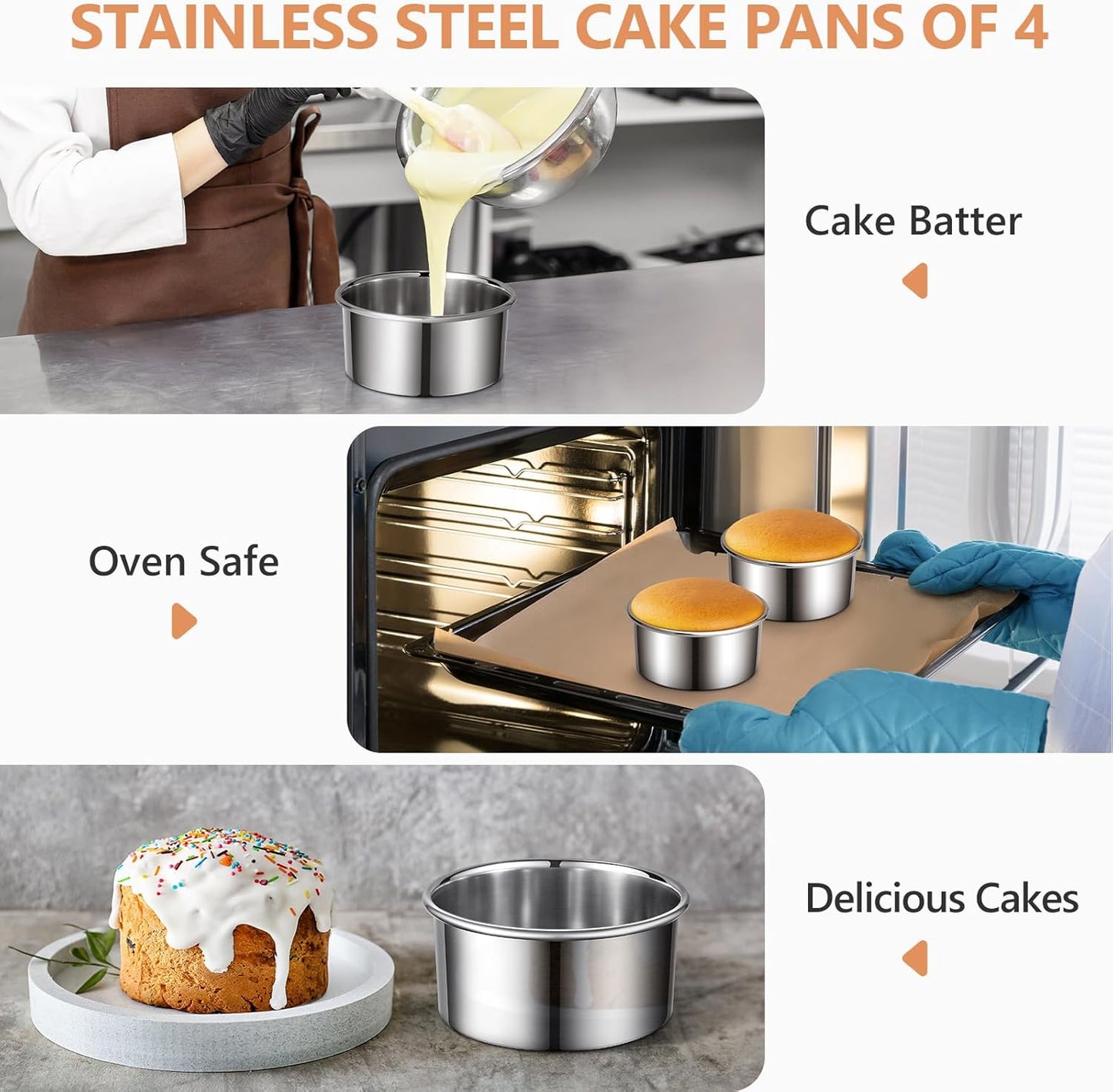 4 Inch Cake Pan Set of 4, Removable Bottom & Easy Releasing Mini Cake Pan, 304 Stainless Steel Round Cake Pan, Leakproof & Nonstick Small Cake Baking Pans, Non-Toxic & Healthy