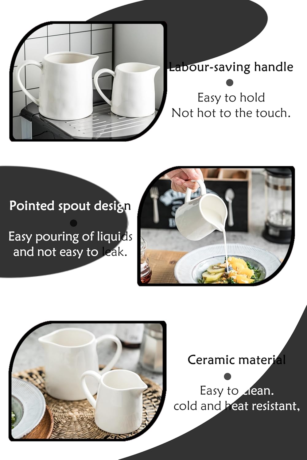 Ceramics Creamer Pitcher - 16 OZ Porcelain Coffee Creamer Pitcher with Handle, Funny Milk Pourer for Home Kitchen Coffee Bar, White
