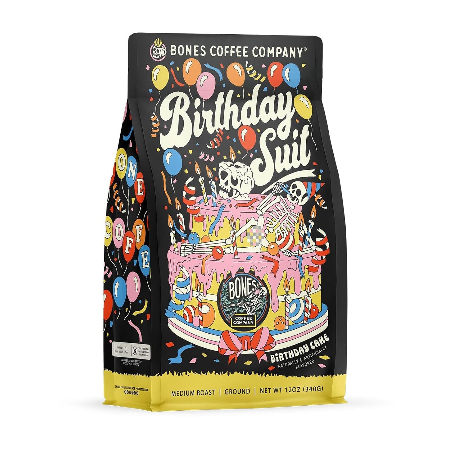 Bones Coffee Company Birthday Suit, Birthday Cake Flavored Coffee, Medium Roast Low Acid Arabica Beans Compatible with Auto drip and French Press Coffee Maker, 12 Oz Ground