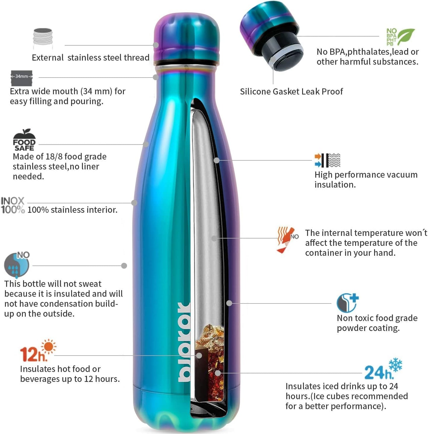 BJPKPK 17oz Insulated Stainless Steel Water Bottles,Sports Water Bottles Keep Cold for 24 Hours and Hot for 12 Hours,BPA Free for Travel,Shining Purple