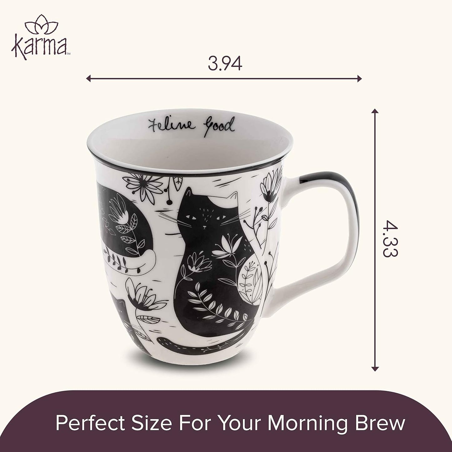 Karma Gifts 16 oz Black and White Boho Mug Cat - Cute Coffee and Tea Mug - Ceramic Coffee Mugs for Women and Men
