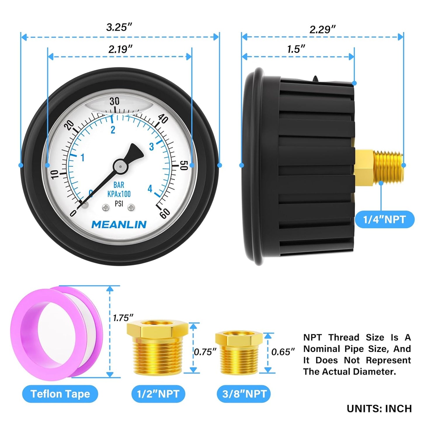 MEANLIN MEASURE 0~60Psi Stainless Steel 1/4" NPT 2.5" FACE DIAL Liquid Filled Pressure Gauge, Center Back Mount (with Rubber Protective Sleeve), with 1/2" NPT and 3/8" NPT Hex Bushing