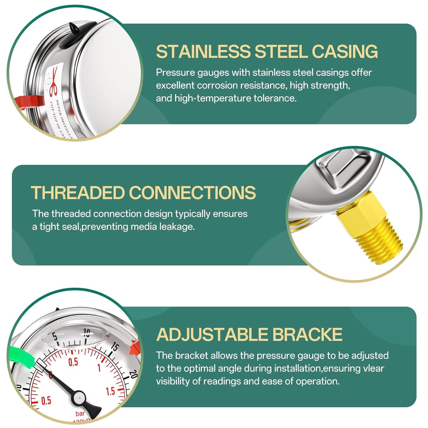 Glycerin Filled Vacuum Pressure Gauge-30-30psi Stainless Steel 1/4" NPT 2.5" Dial, for LowerMounting Designed for Pressure Testing of Water, Oil and Air (with Range Mark Pointer)