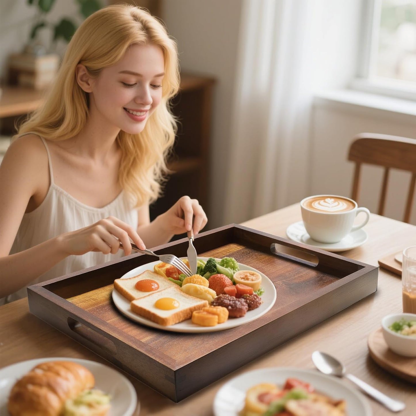 2 Pack Acacia Wood Serving Trays with Handles, 2 Sizes 17x13 & 16x12 inch Portable Ottoman Trays, Rectangular Wooden Tray Set for Food, Home Decor, Coffee Table, Living Room, Kitchen, 17"+16"