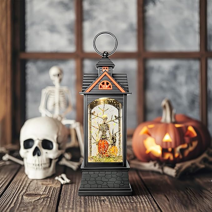 Halloween Snow Globe Lantern, Spooky Ghost Halloween Decor, Plug-in & Battery Operated Snow Globes for Halloween Decorations Indoor