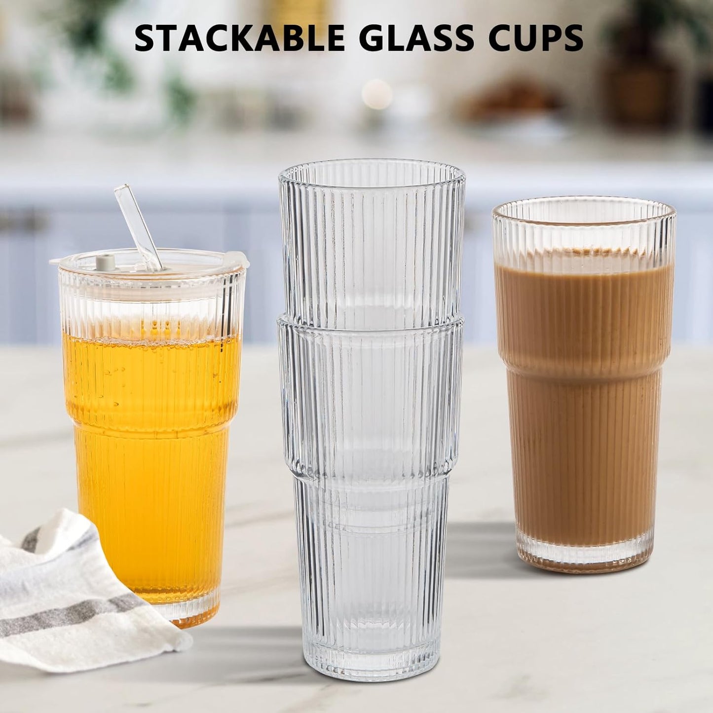 20oz Ribbed Glass Cups with Lids and Straws 4 Set, Vintage Glassware for Whiskey Cocktail Beer, Glass Tumbler, Iced Coffee Cups For Cold Drinks, Smoothie, Juice,Drinking (4)