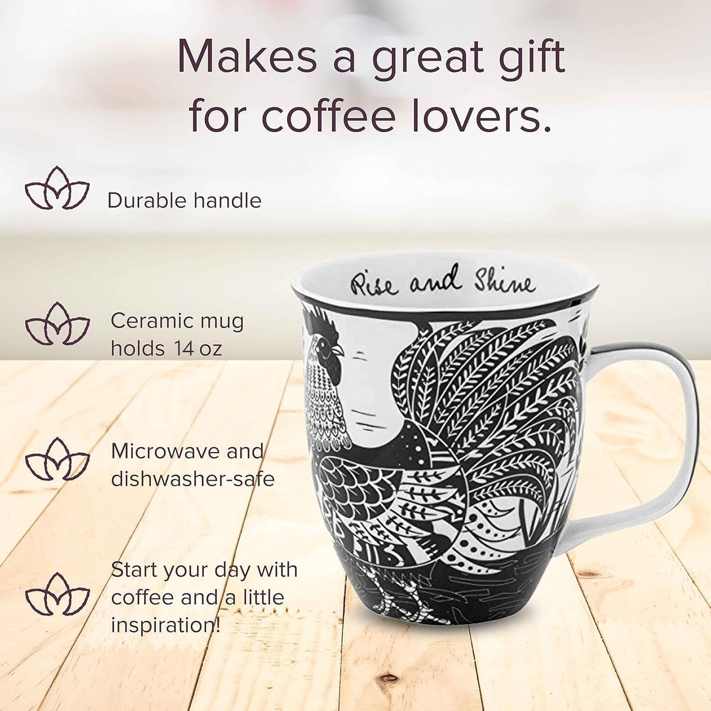 Karma Gifts 16 oz Black and White Boho Mug Rooster - Cute Coffee and Tea Mug - Ceramic Coffee Mugs for Women and Men