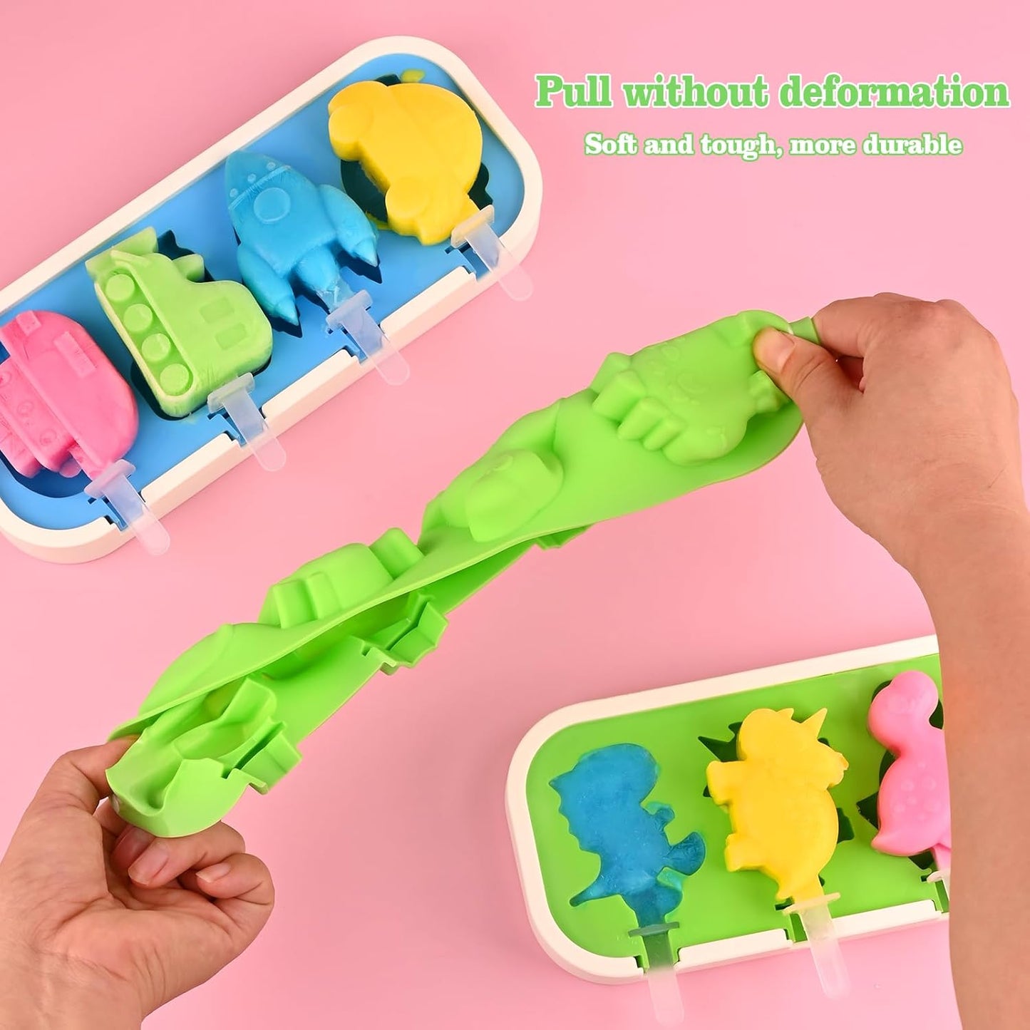 Sakolla 2 Pack Silicone Popsicle Molds with Sticks & Lid, 4-Cavity Mini Popsicle Molds for Kids - Cars, Ships, Train, Rocket and Dino Shapes (Green & Blue)