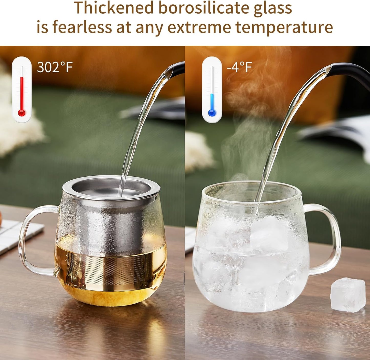 Glass Tea Cup with Infuser and Lid, 14.5oz/450ml Large Borosilicate Glass Teacup with Stailess Steel Filter, Clear Mug for Loose Leaf Blooming Tea, Dishwasher Safe - Tea Maker Gift