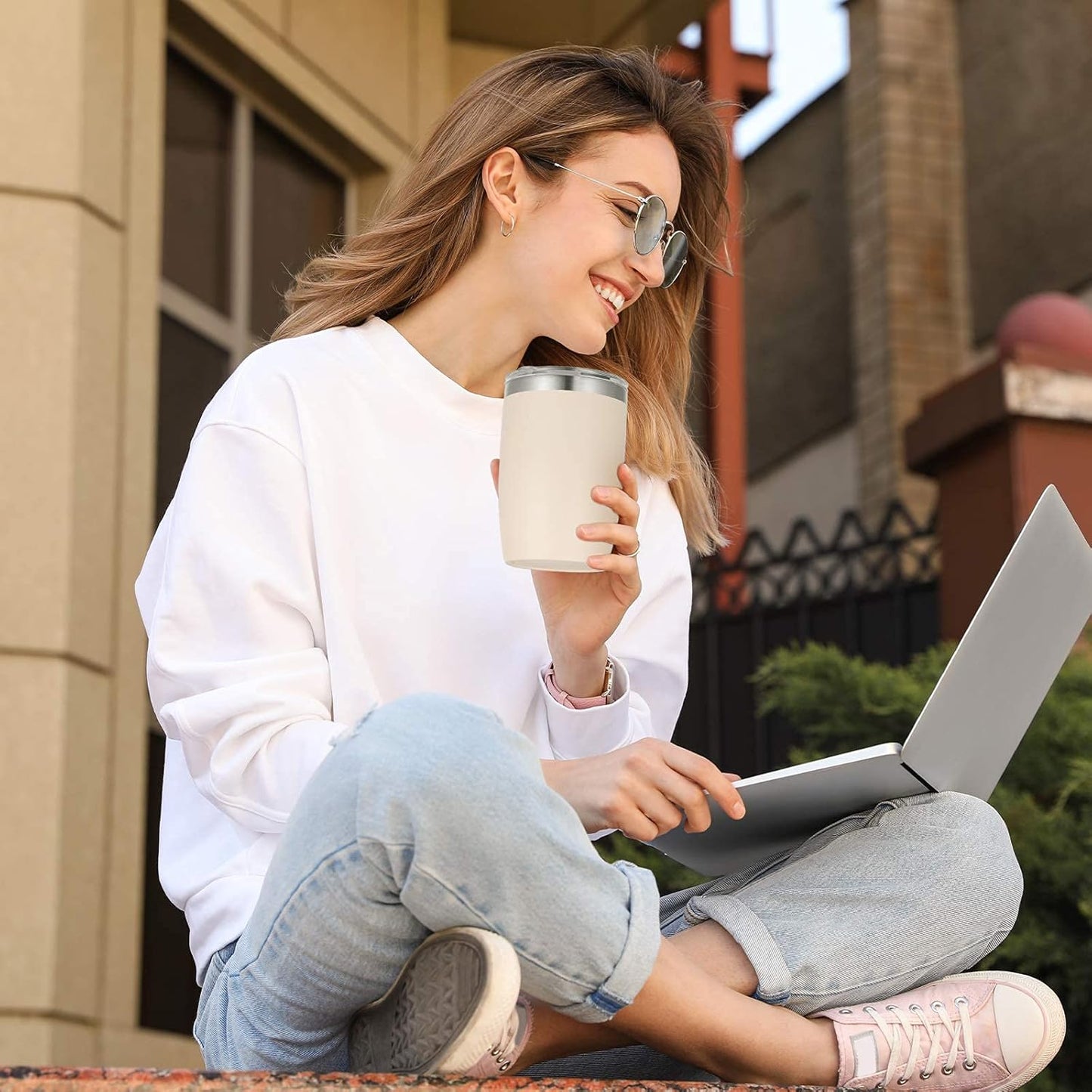 VEGOND Stainless Steel 12 oz Tumblers bulk Vacuum Insulated Double Wall Travel Tumbler with Lid and Straw Reusable Tumbler, Beige 6 pack