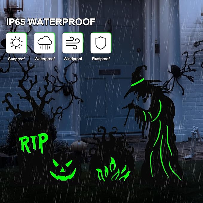 Halloween Yard Signs Outdoor Decorations，3 Pack Warerproof Scary Witch Tombstone Cauldron Fluorescent Metal Stakes Glow in The Dark for Lawn Garden Halloween Decor (Witch Tombstone Cauldron)