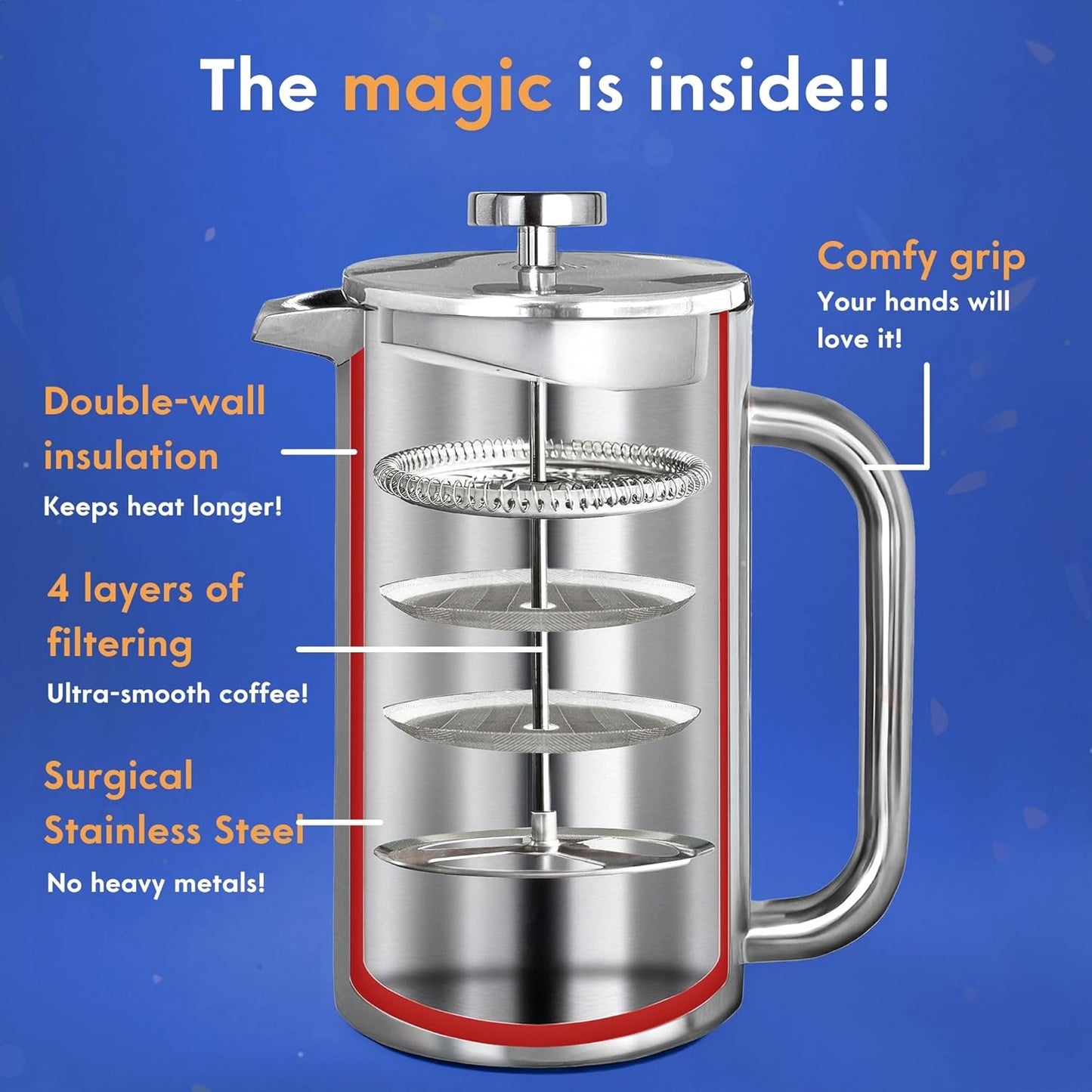 Ziruma Non-Toxic French Press, Surgical Stainless Steel Coffee Press, Plastic-Free, Heavy Metal-Free, No Endocrine Disruptors, 34 Oz, Double Wall, 4-Layer Filter, Portable Coffee Maker