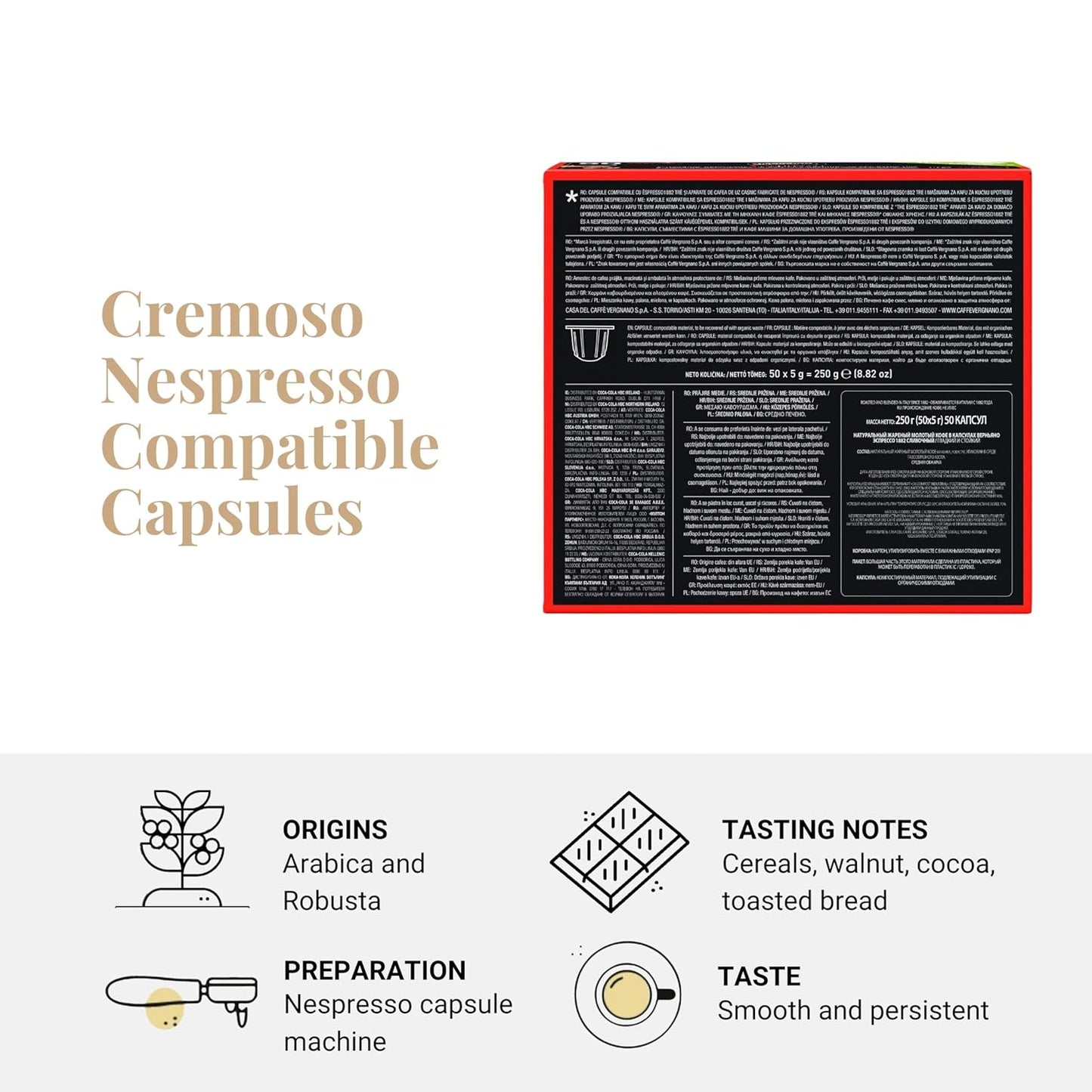 Caffe' Vergnano 1882 Medium Roast Espresso Original Line Machine Compatible Capsules, Arabica Robusta Espresso Coffee, Italian Coffee For Nespresso Coffee Machines, Intensity 6/10, Cremoso, 50 Ct