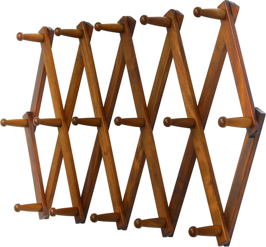 Dseap Accordian Wall Hanger: 16” High Wooden Wall Expandable Coat Rack, Hat Rack Holder, Accordion Hook for Baseball Caps, Coats, Mugs, 16 Peg Hooks, Brown