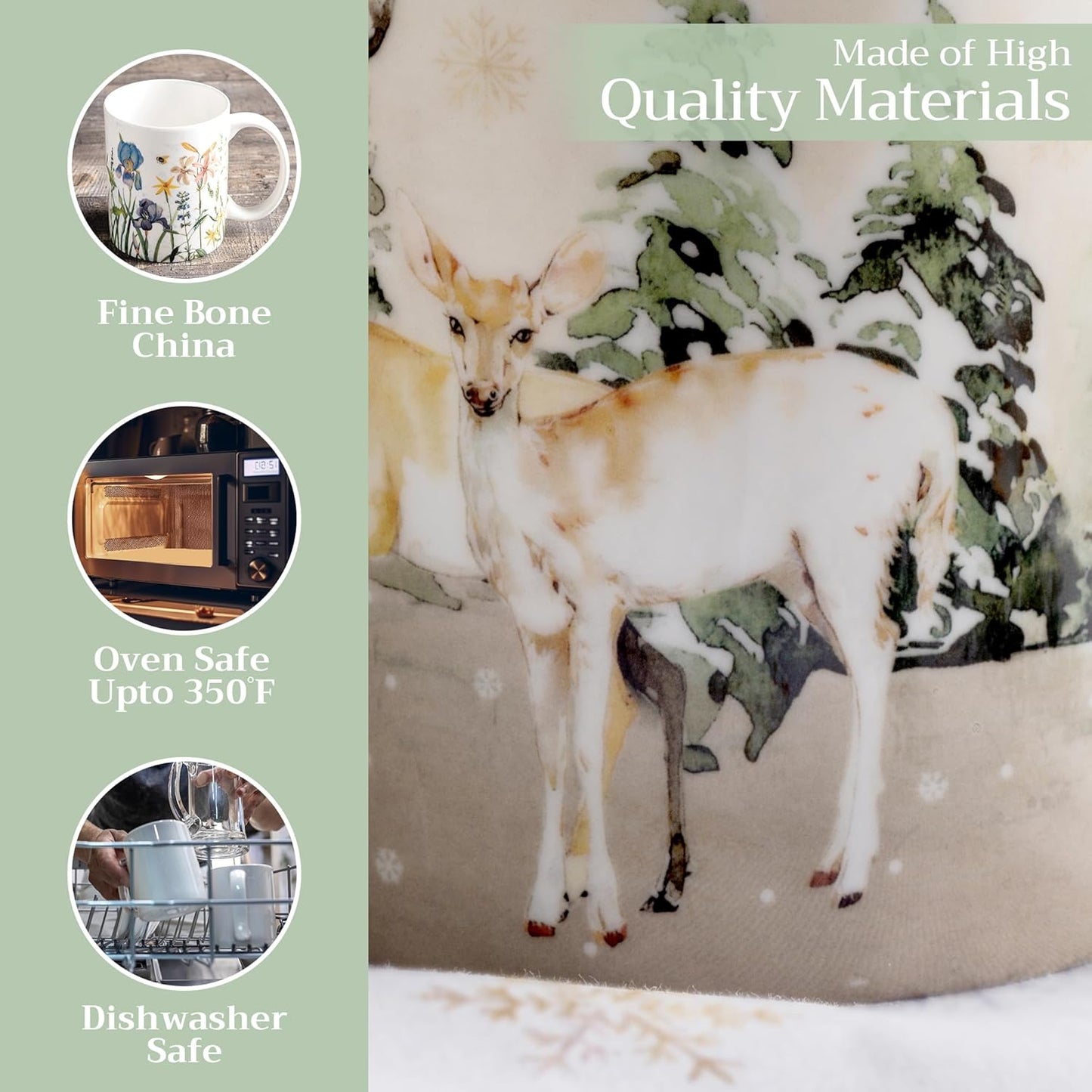 Maison d' Hermine Coffee Mug with Handles Fine Bone China Mugs Pack of One Tea Cups for Hot Beverages Cappuccino Latte Home Office Perfect for Gift (Deer In The Woods - Forest Deer, 15 Ounce)