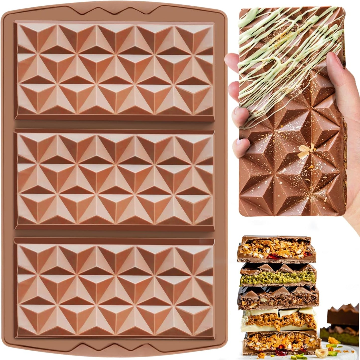 HKNMTT Chocolate Bar Mold Silicone, Large Stuffed Dubai Pistachio Deep Bar Moulds Kit 0.85 Inch Thick Big, Ideal for Homemade Making Candy Bar Bpa Free DIY Diamond Grid