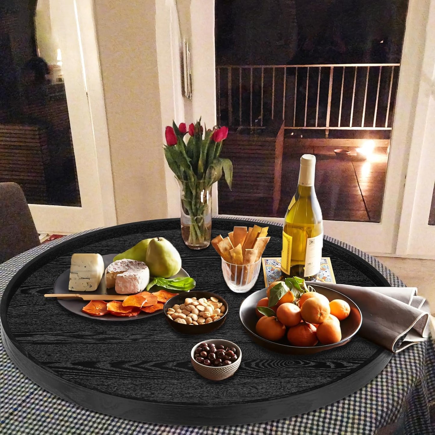 24 inch Round Solid Wood Serving Tray Extra Large Tea Coffee Snack Food Meals Serving Plate Non-Slip Kitchen Party Bar Server Ottoman Tray Breakfast Tray with Raised Edges Black