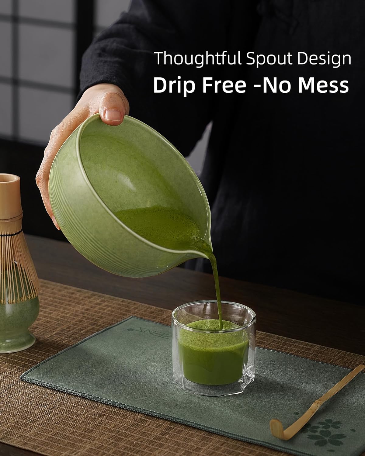 ZENS Matcha Whisk Set, 15oz Ceramic Matcha Bowl with Spout and Bamboo Whisk, (Chasen Holder) Scoop & Tea Towel, 5pcs Matcha Kit for Matcha Lovers, Emerald Green
