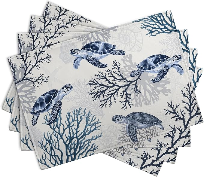Coastal Beach Placemats Set of 4 Nautical Theme Coral Sea Turtle Navy Blue Place Mat 12x18 Inch Seasonal Summer Ocean Washable Linen Fabric Table Mats for Party Kitchen Dining Decoration