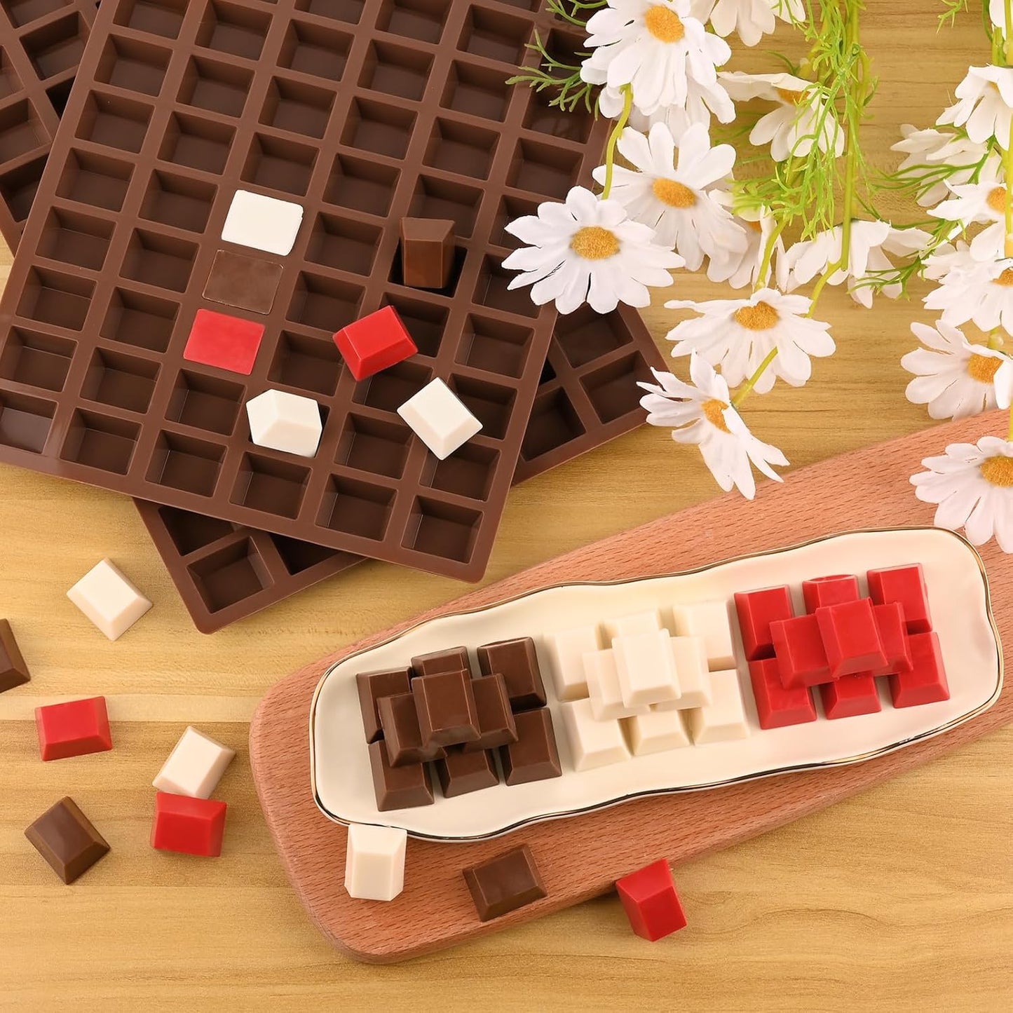 Sakolla 2 Pack Square Chocolate Molds, 72 Cavities Terrace Silicone Molds for Chocolate, Candy, Gummy, Jelly, Ganache, Ice Cubes (Brown)