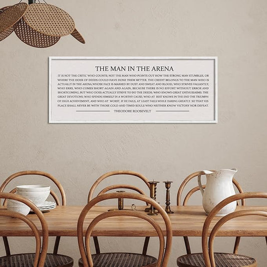 LuZhiQiang The Man in the Arena Wall Decor 40''x15'' Inspirational Quotes Office Wood Framed Sign Rustic Home Motivational Art For Man Entrepreneur Morden Living Room Wall Hanging Decor (White)