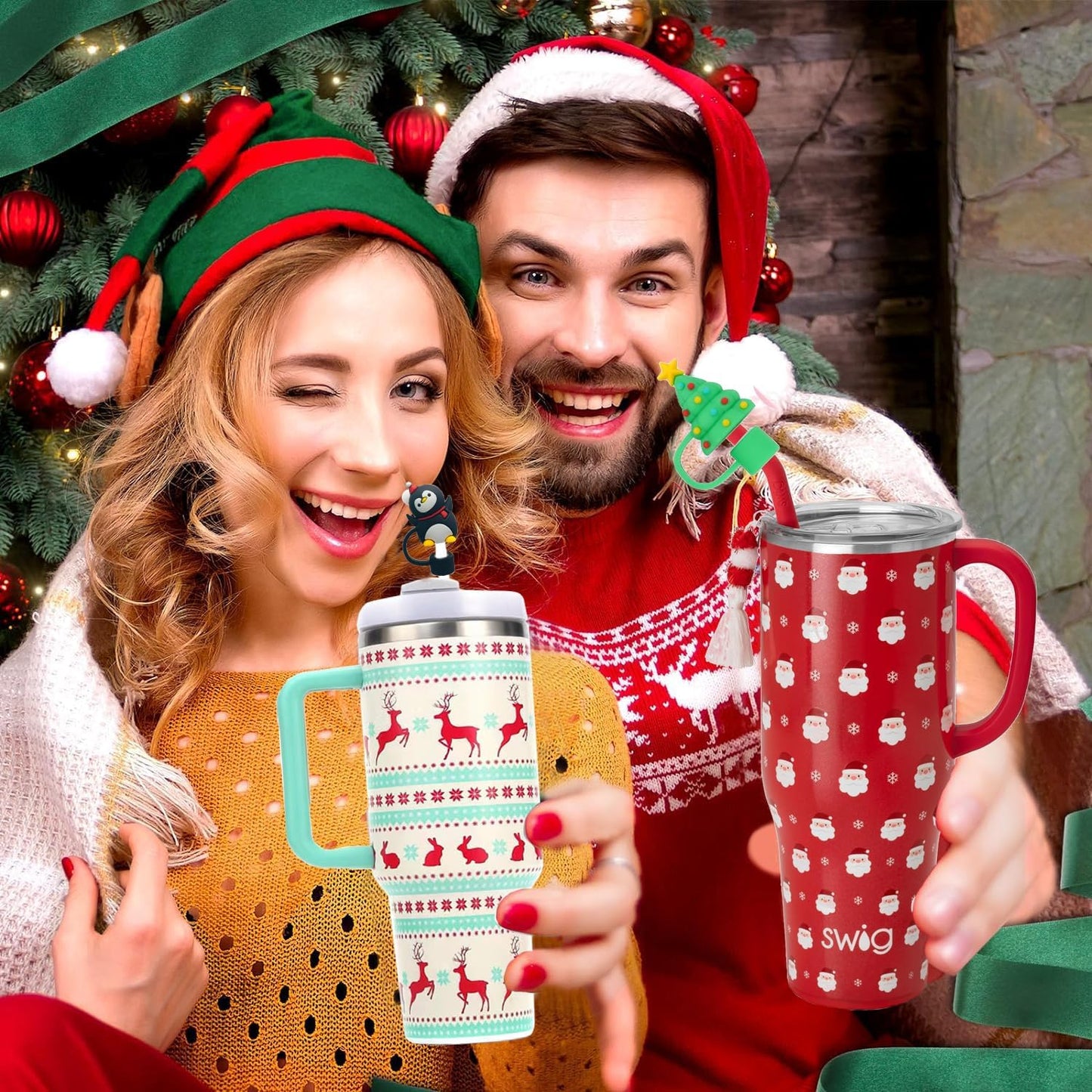 8PCS Christmas Straw Toppers for Stanley Cup Holiday Straw Cover for Stanley 30oz & 40oz Tumbler with Handle,10 mm Silicone Straws Topper Cap for Party Favor