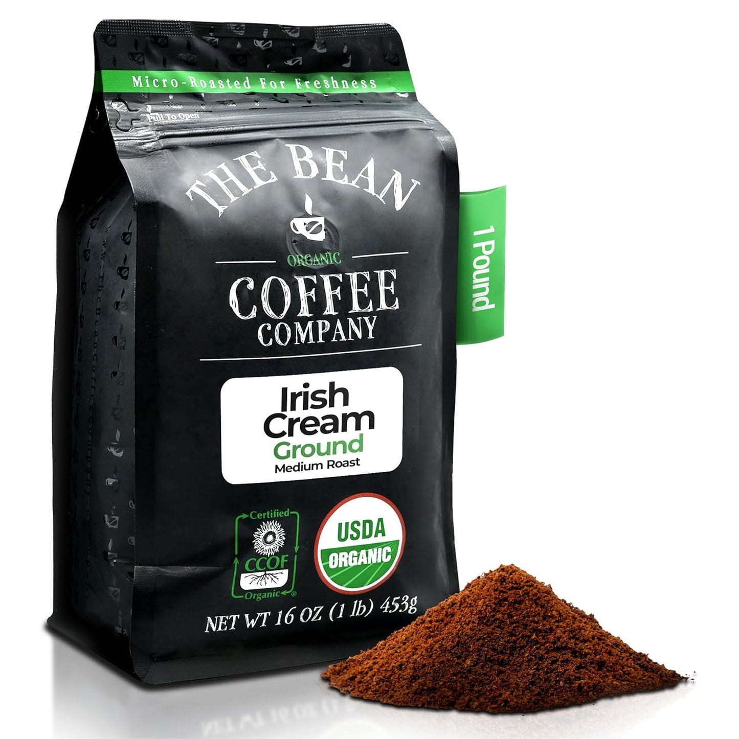 The Bean Organic Coffee Company Irish Cream, Medium Roast, Ground Coffee, 16-Ounce Bag, Café molido tostado orgánico