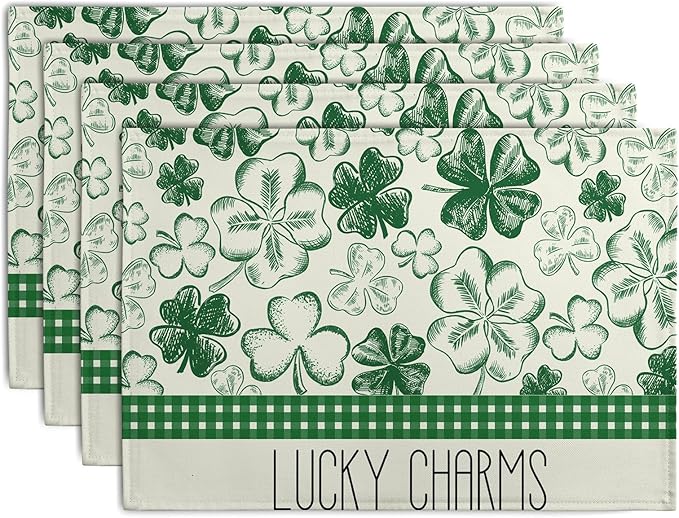 Green Shamrock St Patricks Day Placemats Set of 4 Lucky Clover Plaid Check Table Mat 12x18 Inch St. Patrick's Day Seasonal Holiday Place Mats Spring Linen Placemat for Party Kitchen Dining Decor