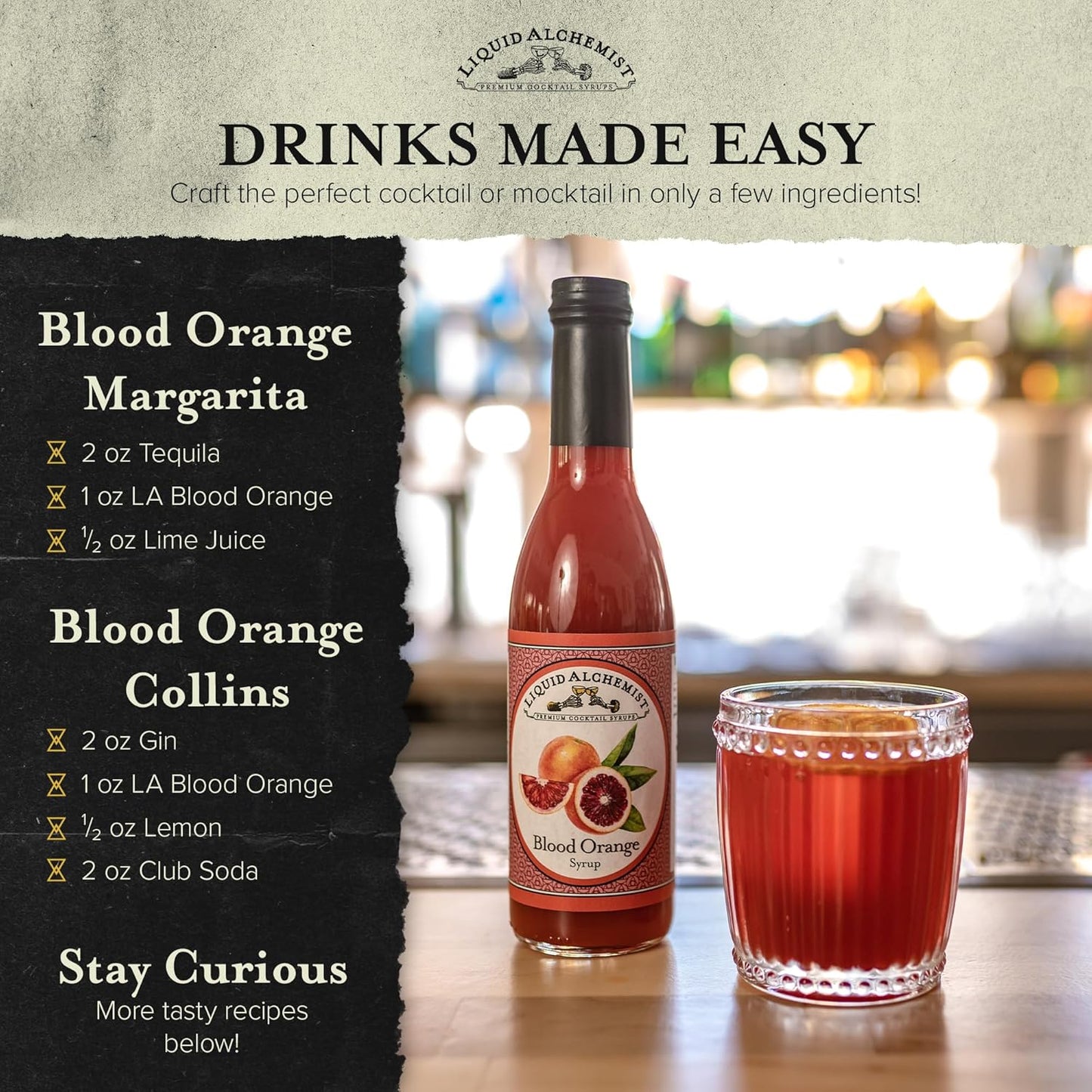 Liquid Alchemist Blood Orange Syrup for Cocktails - Real Ingredients Make this the Perfect Winter Cocktail or Margarita Mix - Non-GMO Blood Orange Sour Mix (25 oz)