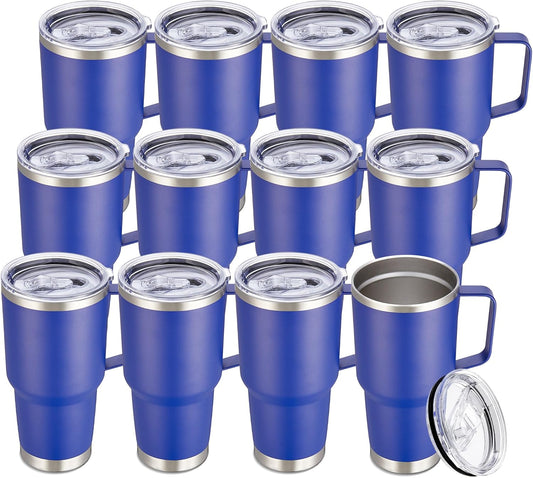 30 oz Tumbler with Handle and Lid, Stainless Steel Tumblers Bulk Double Wall Vacuum Insulated Travel Mug Leak Proof Cup Keep Drinks Cold and Hot Blue, 12 Pack