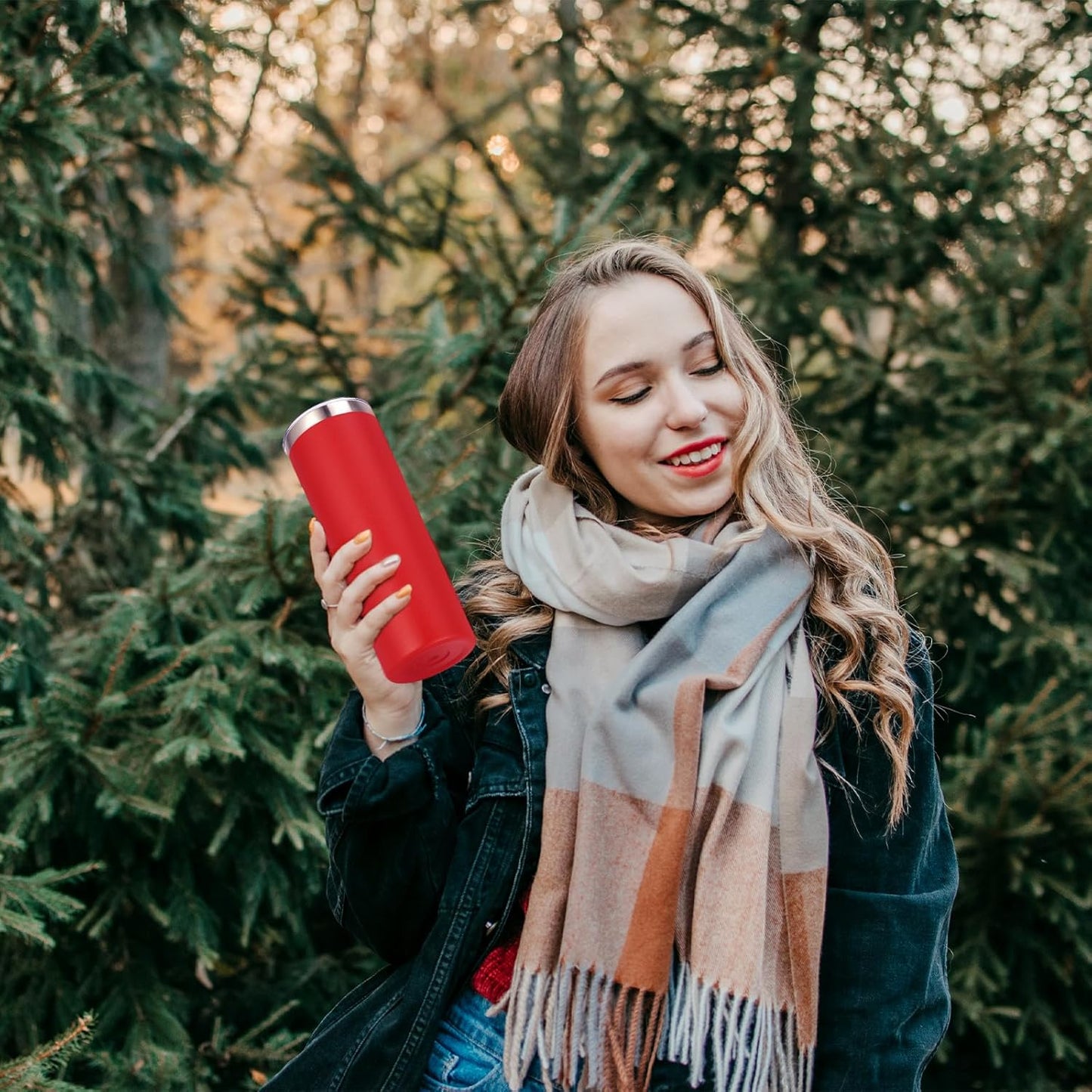 VEGOND 20 oz Stainless Steel Skinny Tumbler with Lids and Straws, 20oz Vacuum Insulated Slim Tumbler Cup, Double Wall Travel Tumblers Bulk for Cold Hot Drinks, Red 6 Pack