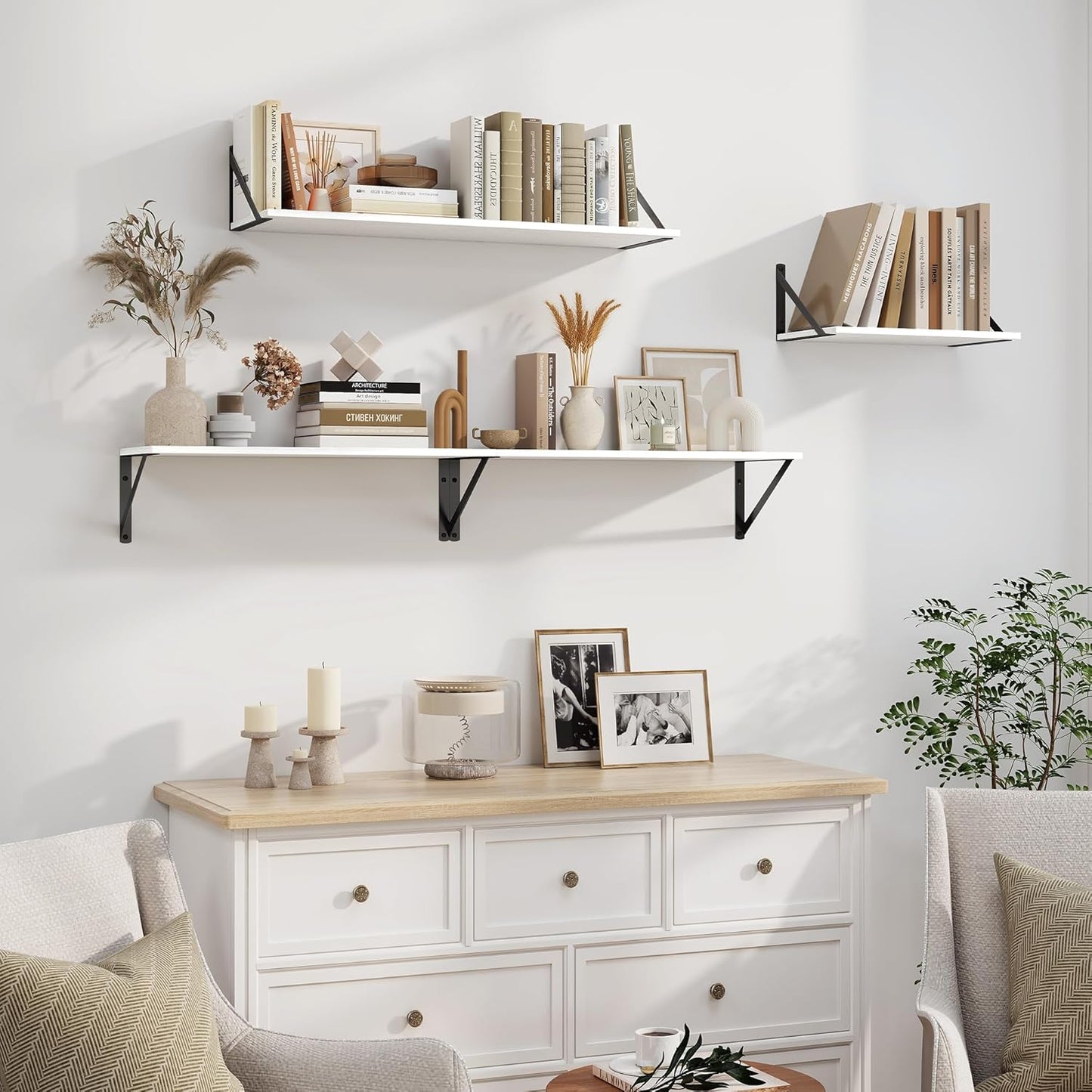 Heimlove White Deep Floating Shelves for Wall, 24W x 8D Wood Wall Shelves Set of 2, Wide Floating Bookshelf for Living Room, Kitchen, Office, Bedroom and Decor Storage, with Black Bracket - White