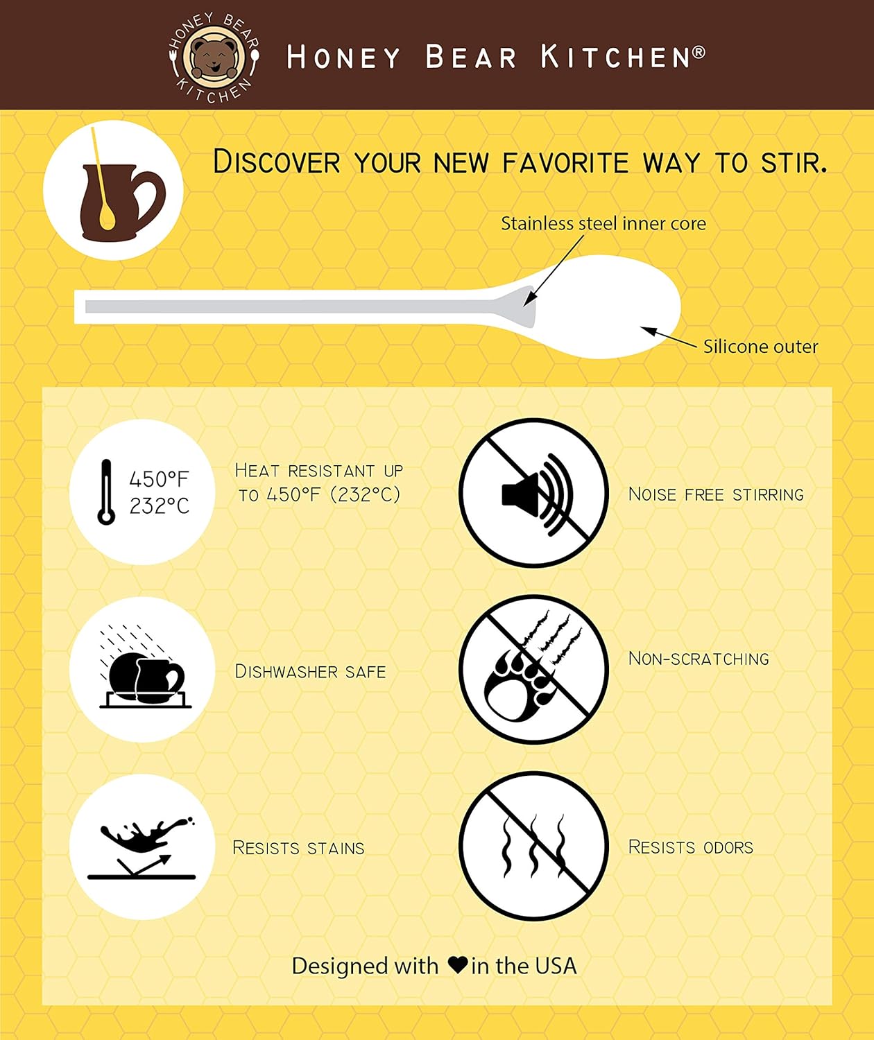 Honey Bear Kitchen Silicone Stirring Spoon (Set of 2, Dark Honey) for Coffee & Tea