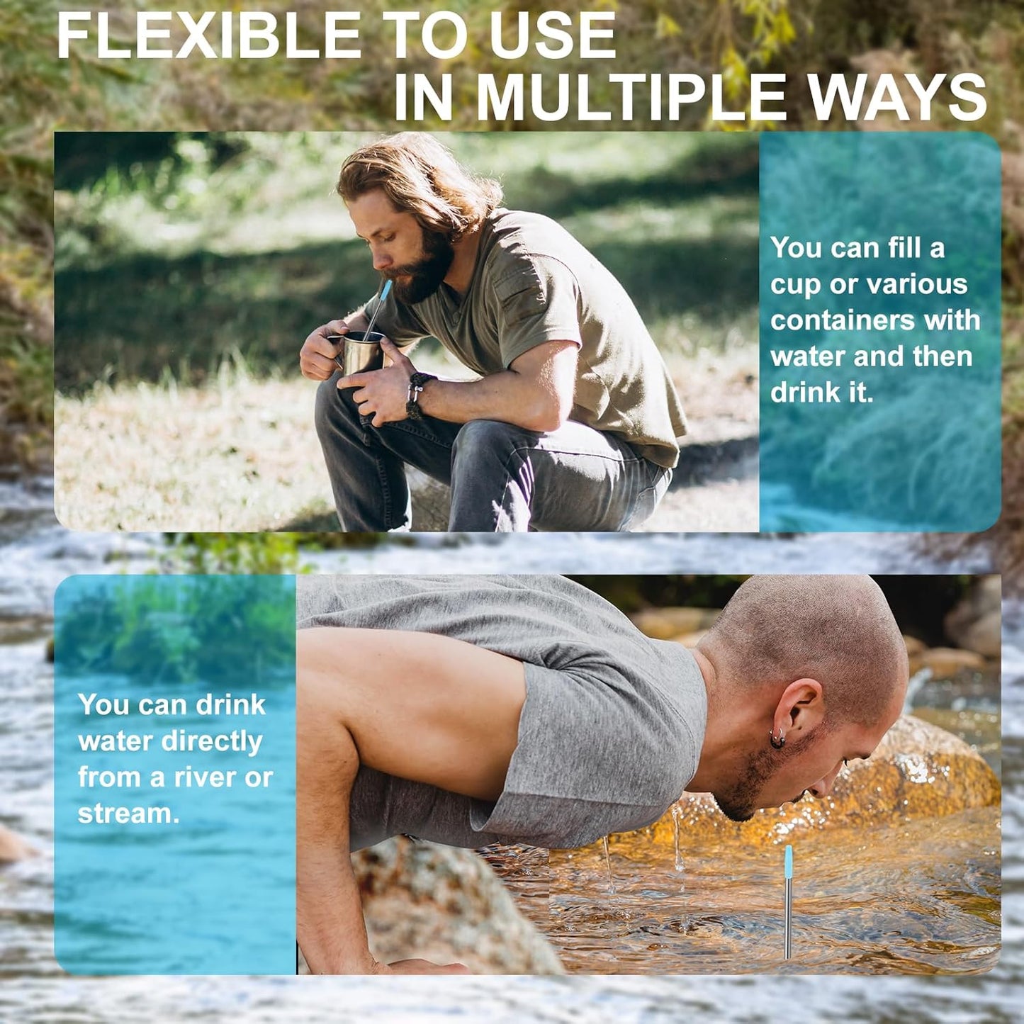 Personal Water Filter Straw, Reusable Stainless Steel Water Filter Drinking Straw Portable Outdoor Emergency Survival Gear for Hiking, Camping, Travel, Hunting & Fishing (Small)