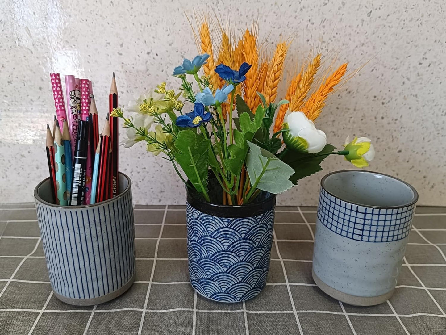 Stoneware Coffee Bar Utensil Holder Tea & Coffee Spoon & Stirrer Holder for Stir Stick Straw Teaspoon Holder Spoon Cup Small Utensil Jar (Blue Wave)