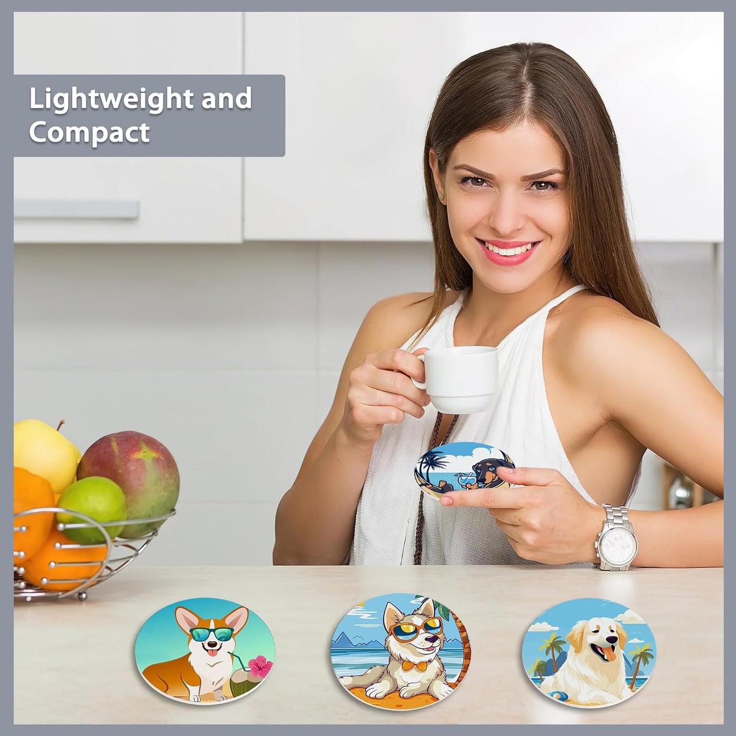 Drink Coasters Set of 6 with Holder,Cute Dachshund Husky Dog Absorbent Ceramic Coasters with Cork Base,Fit All Cups,Tabletop Protection Mat for Mugs and Cups,Office,Kitchen