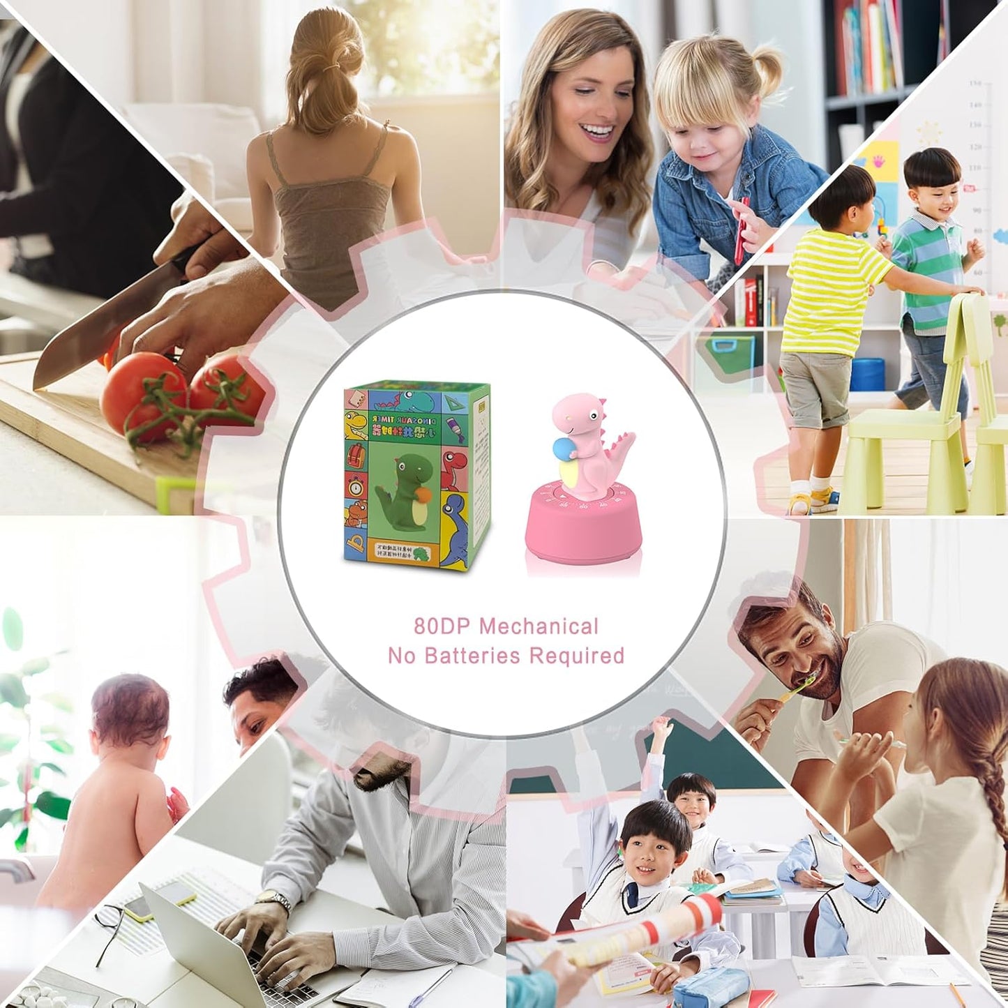 60 Minutes Mechanical Kitchen Timer,Cute Dinosaur Timer for Kids,Wind Up Egg Timer for Cooking,Reading,Classroom and Do Sports. (Pink)