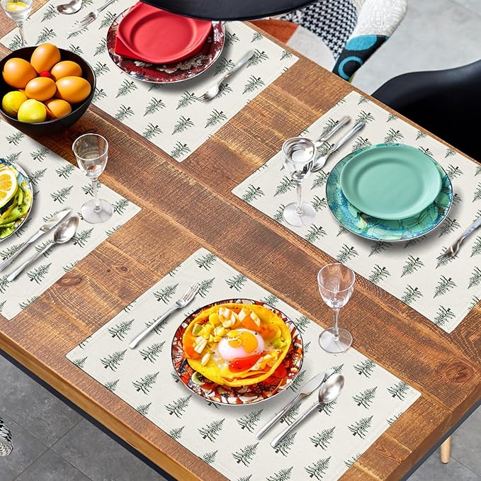 Pine Trees Christmas Placemats Set of 4 Xmas Tree Vintage Rustic Print Place Mats Winter Holiday Green White Farmhouse Linen Table Mats for Indoor Outdoor Kitchen Dining Party Decor
