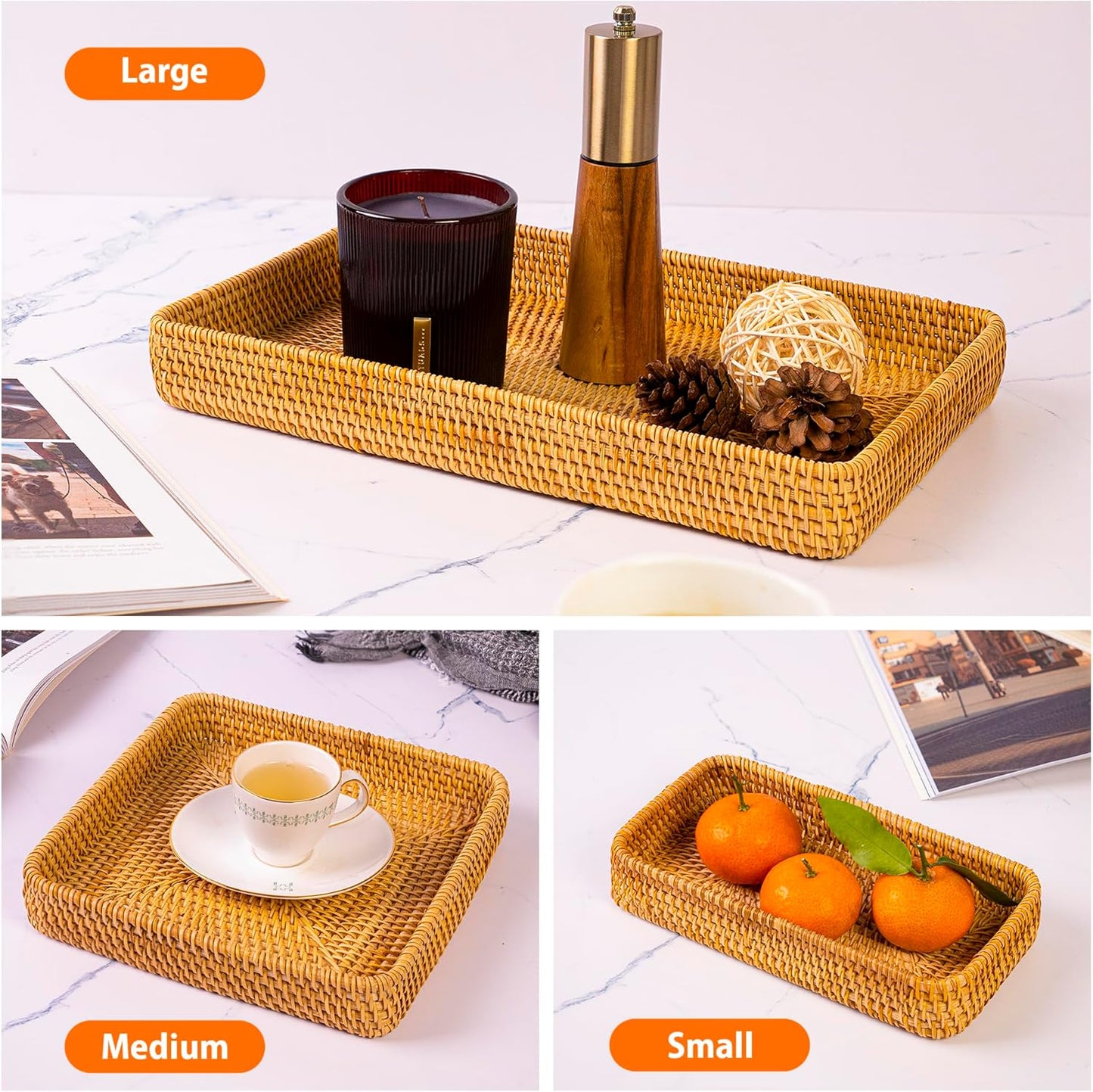 Handmade Rattan Serving Trays, Set of 3, Woven Rectangular Storage Baskets