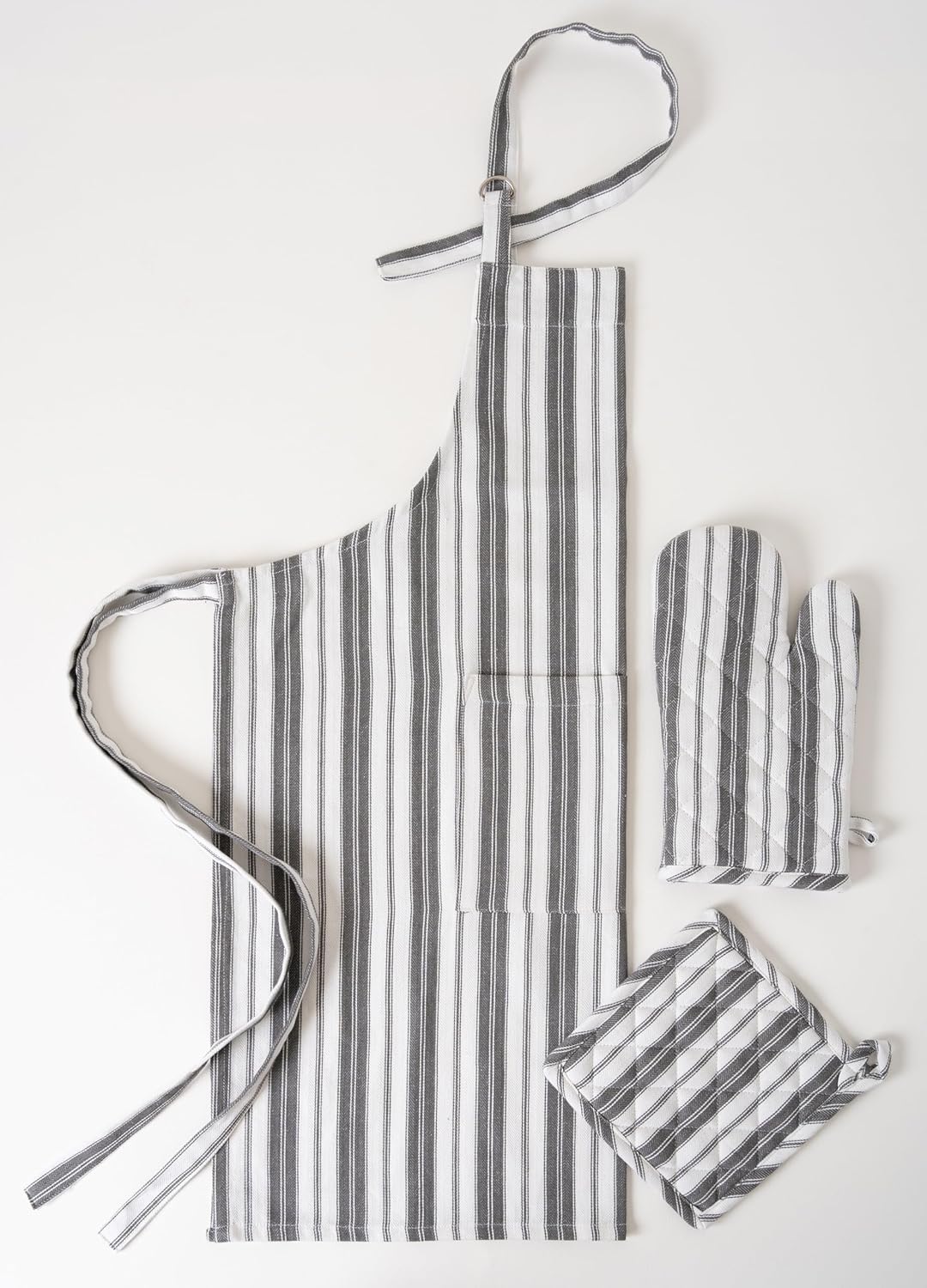 1 Oven Mitt, 1 PotHolder & 1 Kitchen Apron Set - Durable Heat Resistant Gloves - Thick Mittens for Kitchen - Suitable for Cooking, Baking, Grilling – Men & Women – Dark Grey Stripes - Casa De Lan
