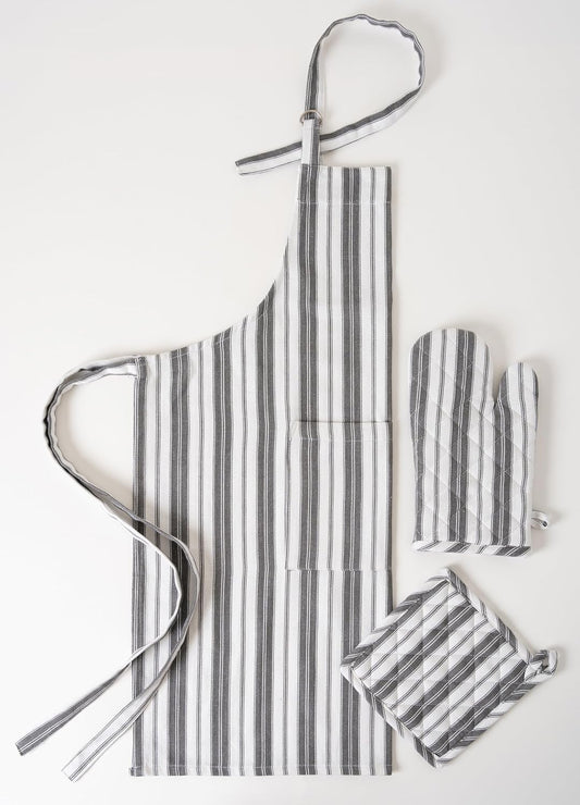 1 Oven Mitt, 1 PotHolder & 1 Kitchen Apron Set - Durable Heat Resistant Gloves - Thick Mittens for Kitchen - Suitable for Cooking, Baking, Grilling – Men & Women – Dark Grey Stripes - Casa De Lan