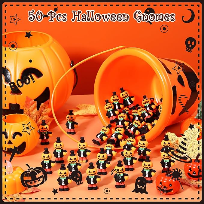 50 Pcs Halloween Mini Figurines Tiny Pumpkin Figures to Hide and Seek Rubber Wizard Miniatures Ornaments Gifts for Halloween Party Favors Table Decorations(Pumpkin)