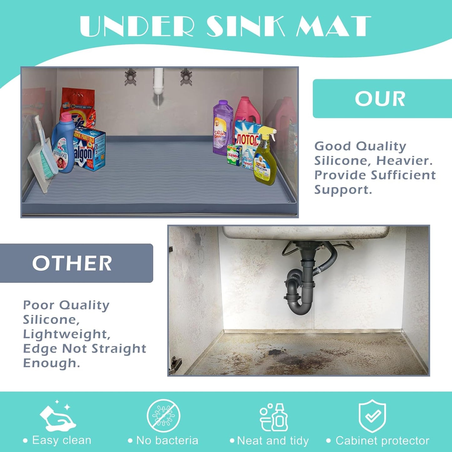 URMONA Waterproof Silicone Under Sink Mat 16'' x 10'' Shelf Liner for Kitchen and Bathroom, Cabinet and Counter Protector, Storage and Organizers, Litter Mat, Pet Cat Puppy Essentials(Black)