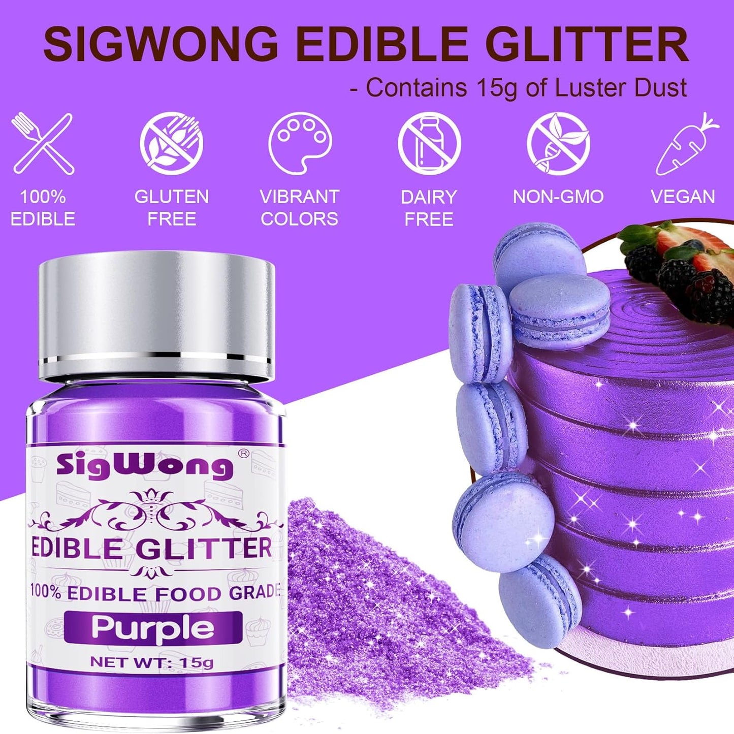 Purple Edible Glitter - 15g Food Grade Luster Dust Powder, Cake Decorating Sprinkle Glimmery Dust for Drinks, Wine, Fondant, Chocolate, Candy, Cookie, Vegan