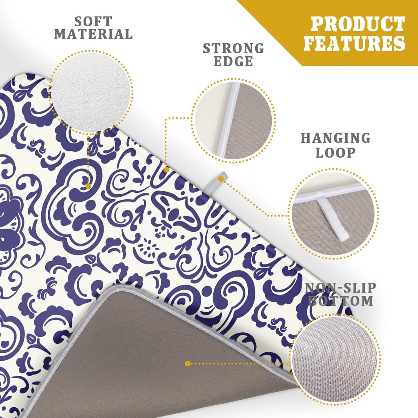 Boho Ethnic Design Dish Drying Mat for Kitchen Counter,Blue Bohemian Mandala Drying Mat 18 x 24 Inch with High Absorbent Reversible Microfiber Dish Drying Pad Dish Rack Pad Drainer Mat for Coffee Bar