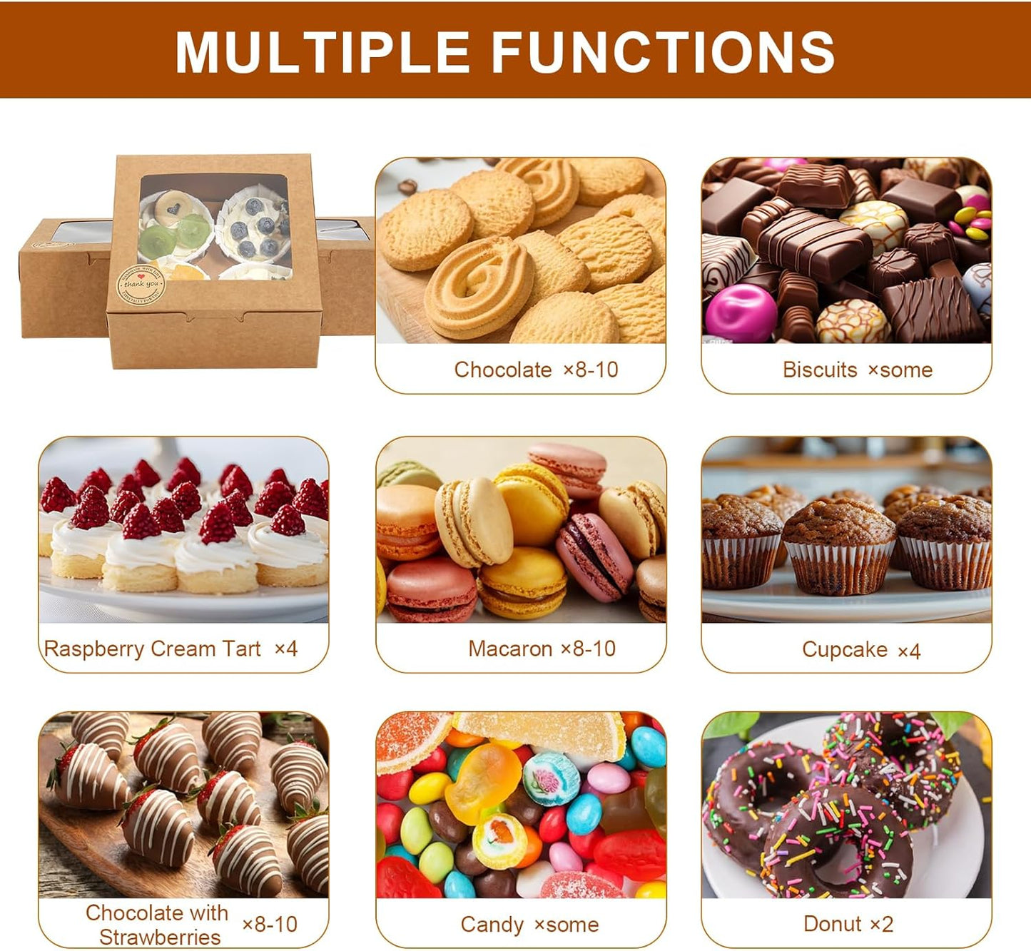 OAMCEG 50 PCS Cookie Boxes with Window, 6x6x3 Inch Cupcake Boxes, Brown Bakery Containers for Pastry, Dessert, Chocolate Strawberries, Treat Boxes with Stickers & Jute Twine